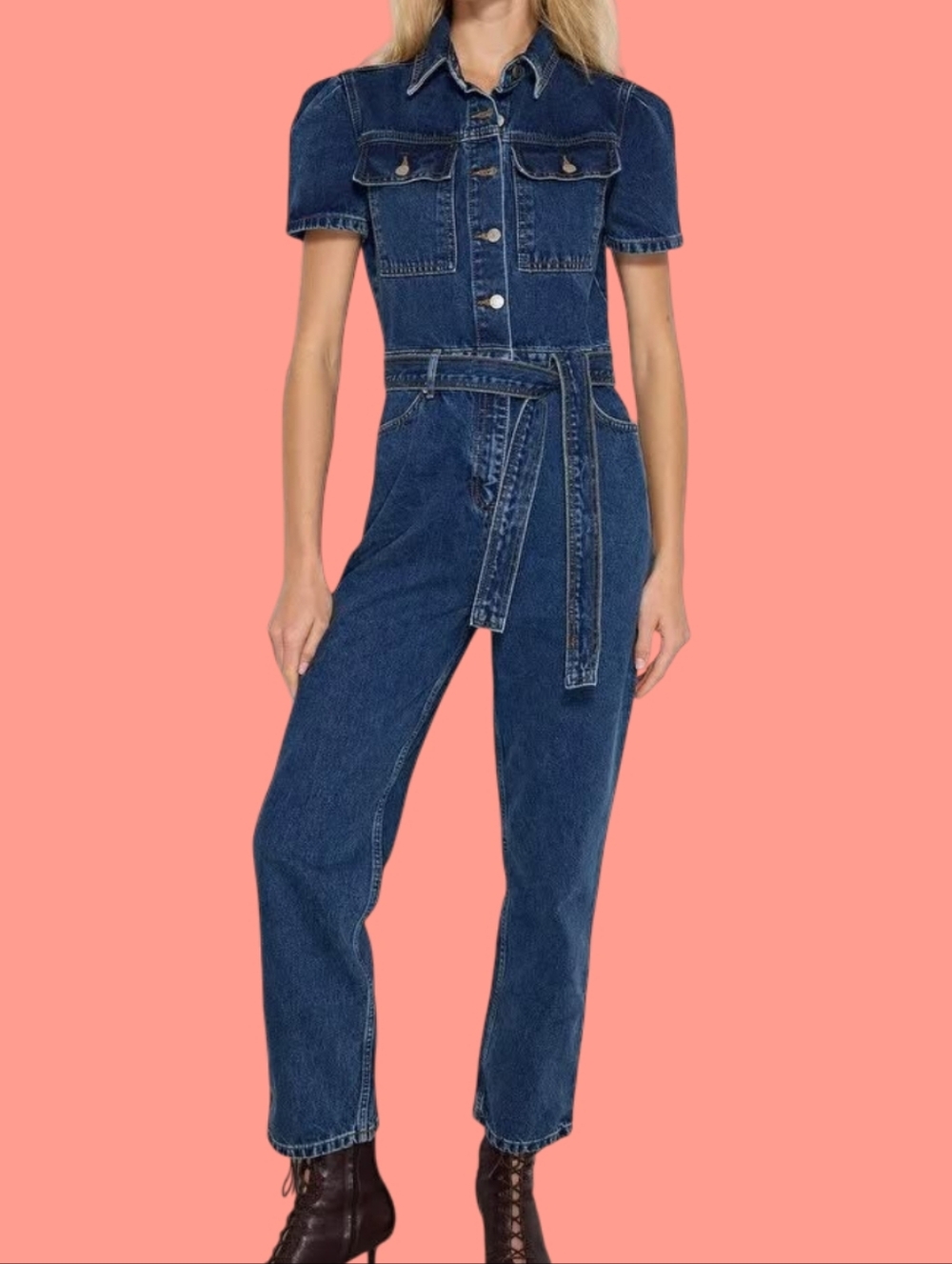 Trendyol Short Sleeve Straight Leg Denim Jumpsuit - mid wash - Women's Size M/40